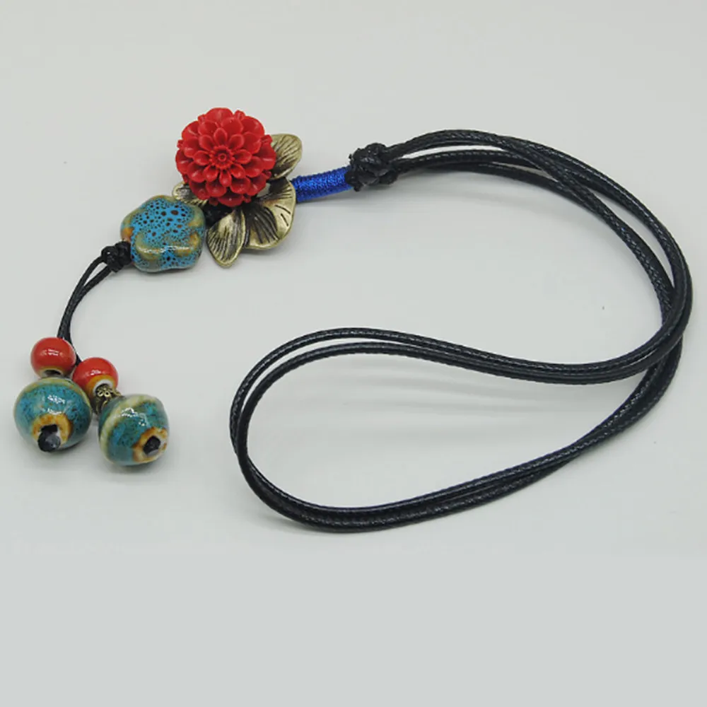 Ретро этнический стиль ручной работы Керамические цветы кулон свитер цепь