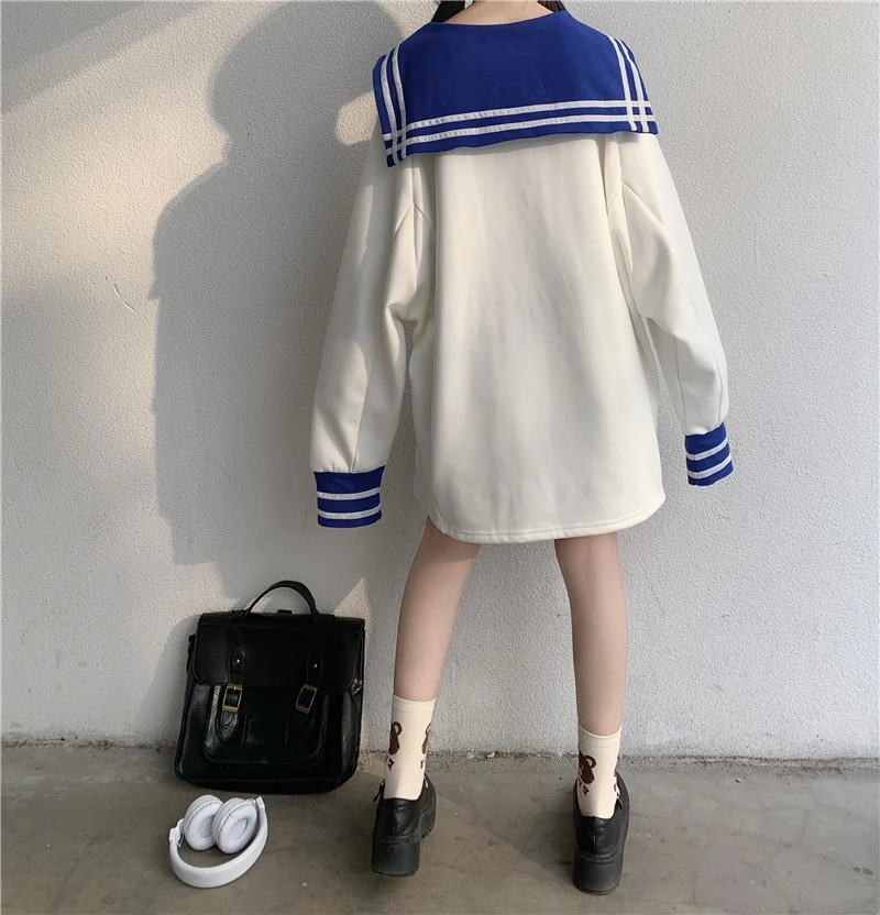 

Japanese Cute Sailor Collar Oversized Hoodie Women Plus Size Harajuku Kawaii Sweatshirt Female Girl Lolita JK Style Outwear Tops