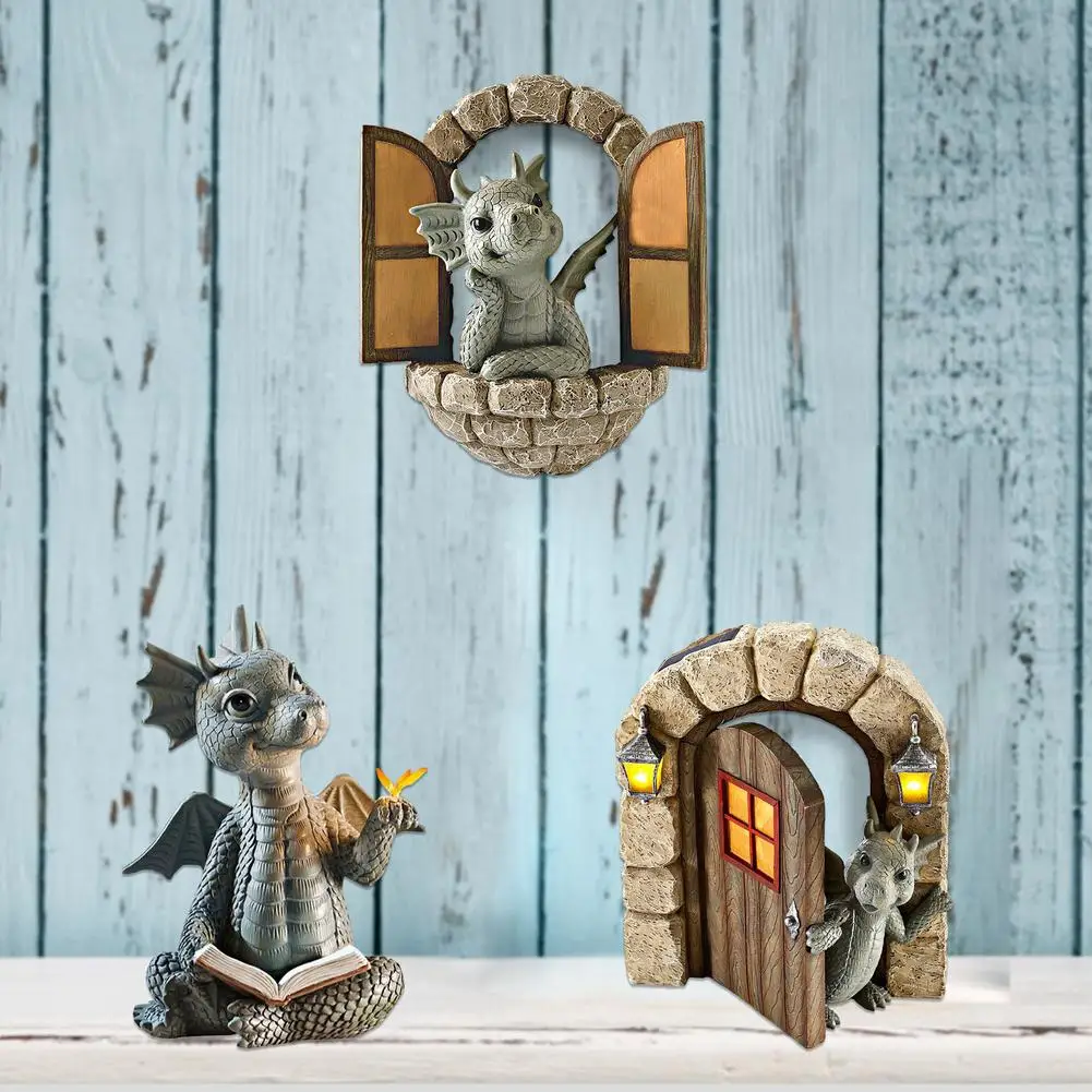 

Reading Book Little Dragon Sculpture Resin Dinosaur Statue Outdoor Yard Art Dragon Sculpture Lawn Wall Decoration Tree