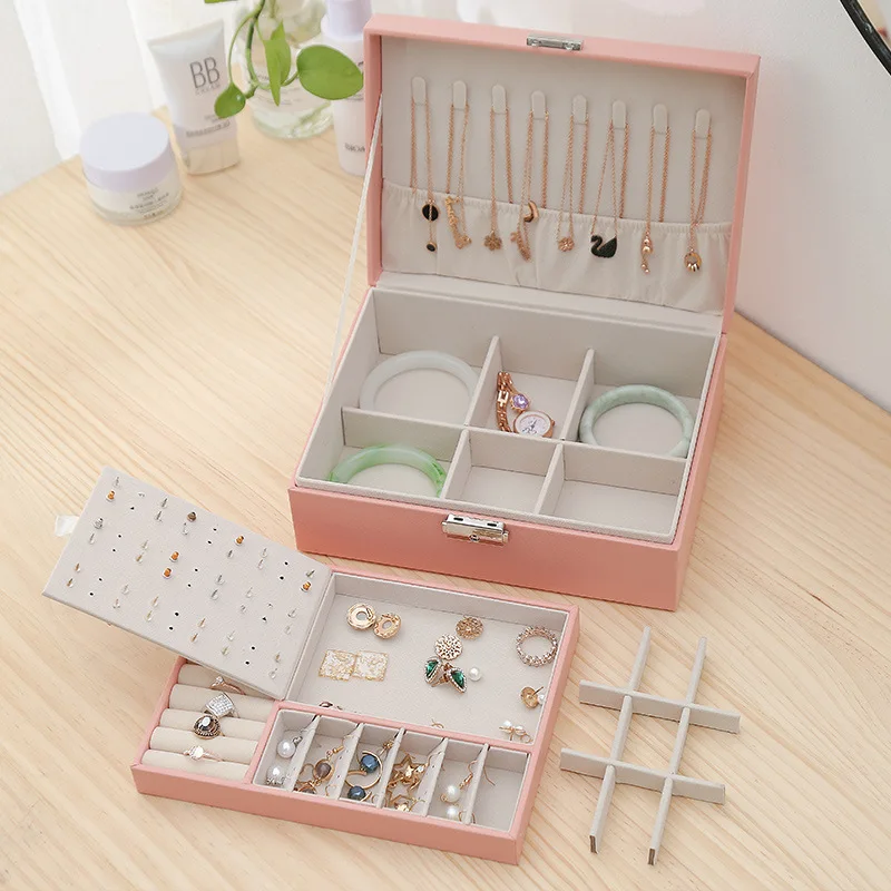 New Large Capacity Double-layered Leather Jewelry Box Display Travel Jewelry Storage Case Necklace Earring Ring Organize Holder