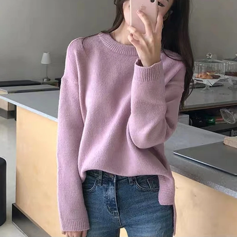 Мягкий Вязаный женский свитер Flectit в Корейском стиле с длинным рукавом и круглым