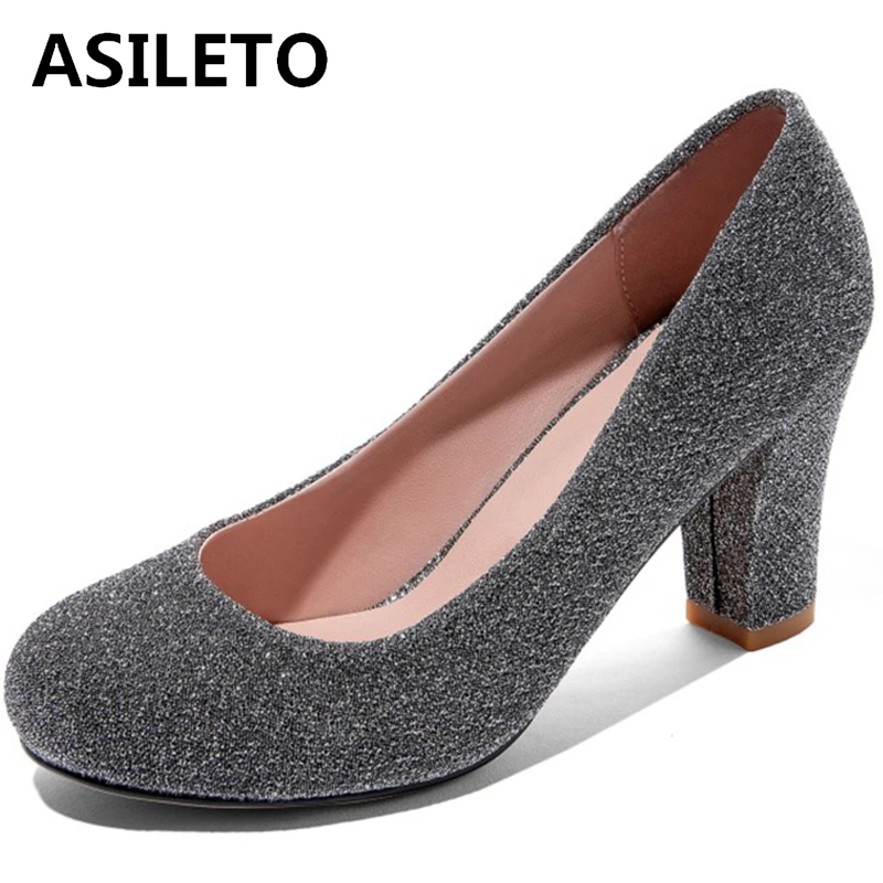 

ASILETO 2021 Spring New Party Bling Pumps Round Toe Glitter Slip On 7cm High Thick Heel Shoes Big Size 31-47 Gold Silver Black