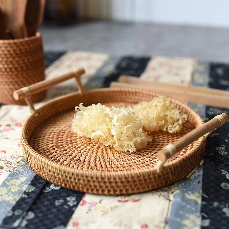 Rattan Storage Tray Round Basket with Handle Hand-Woven Wicker Bread Fruit Food Breakfast Display L | Дом и сад