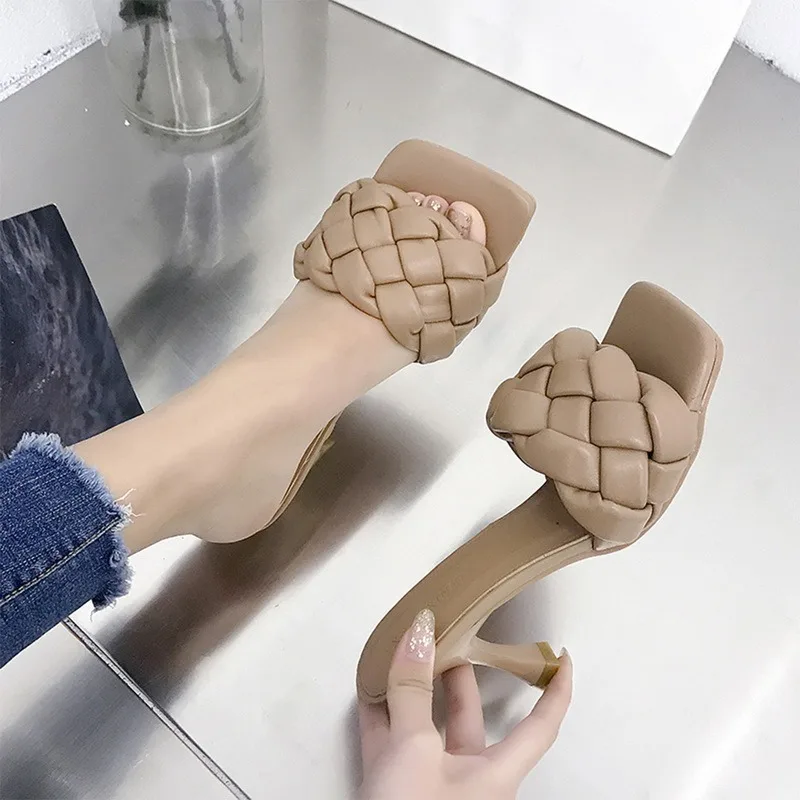 

Luxury Slides Women 8cm High Heels Mules Fetish Pumps Individual Weave Leisure Blue Office Ladies Prom Slippers Women's Shoes