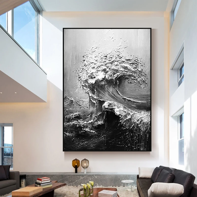 Ручная роспись абстрактная картина маслом черно белая морская волна Толстая