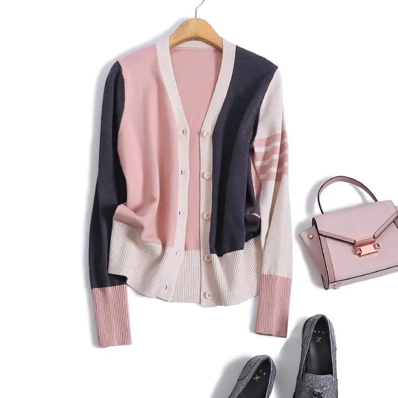 

Fashionable color matching V-neck spring dress new coat women's cardigan loose with fashion casual sweater