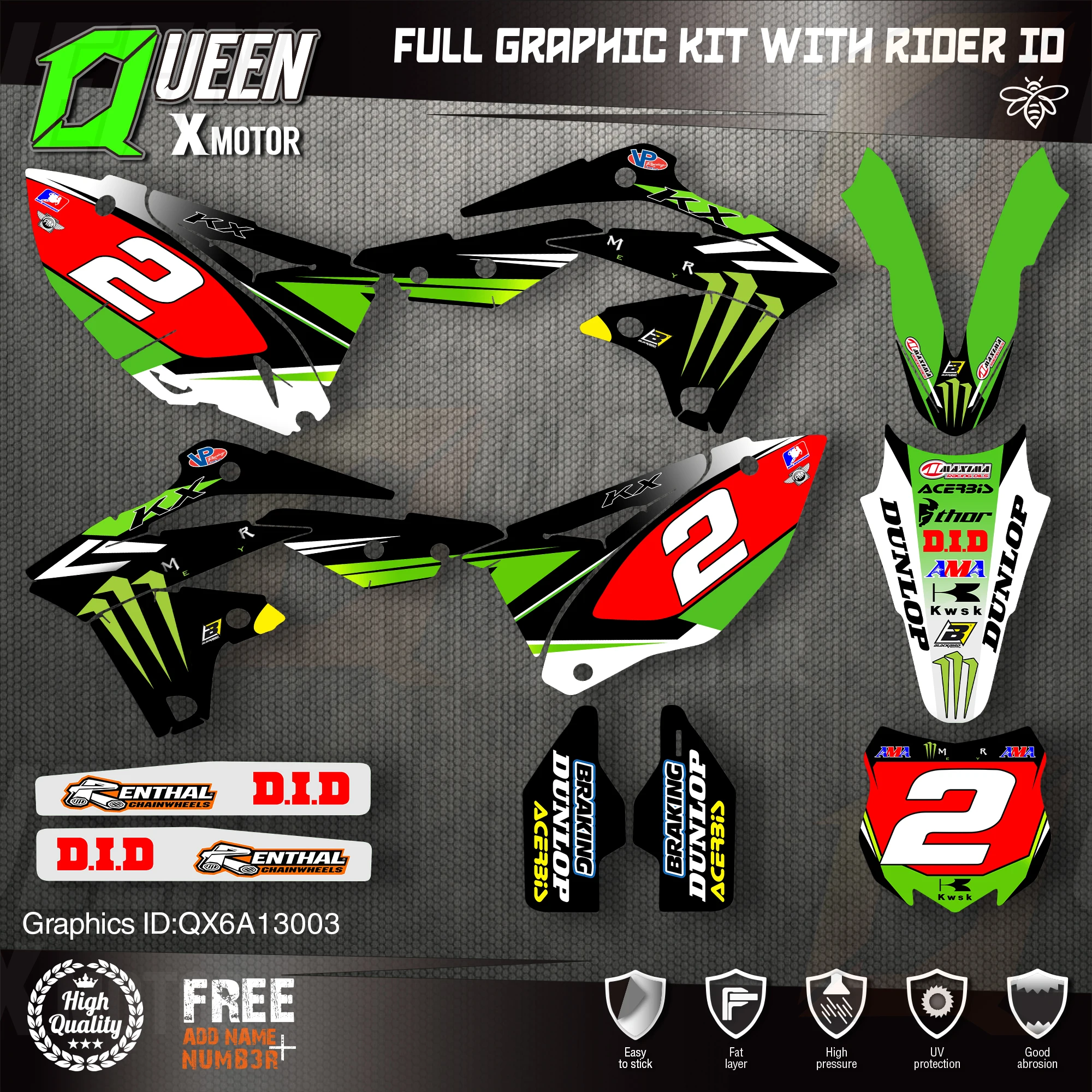 Queen X MOTOR Custom Team Graphics Decals Stickers Kit For Kawasaki Decal  2013 2014 2015 2016 KXF 250 003