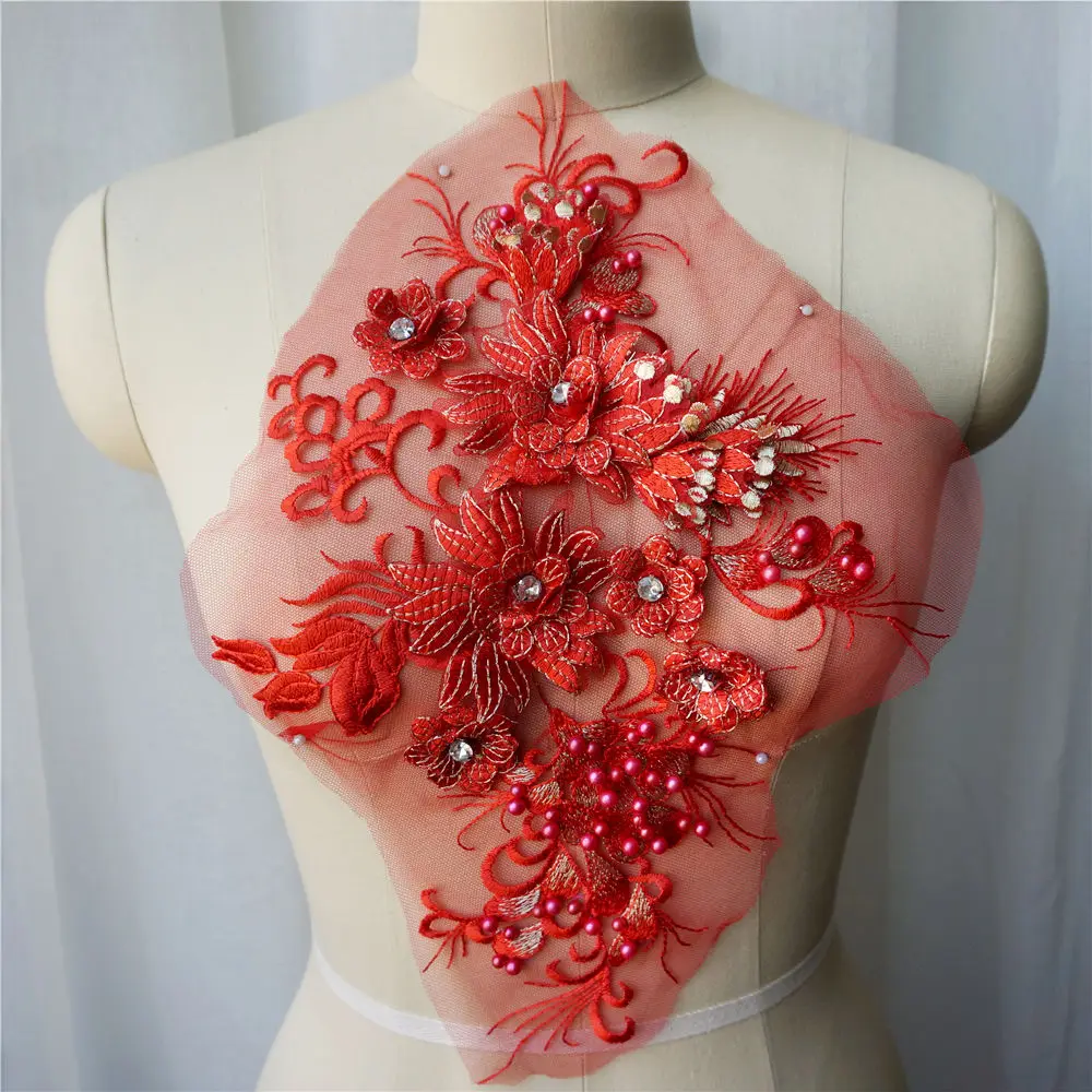 Кружевные тканевые бусины с красными цветами вышитая аппликация для платья