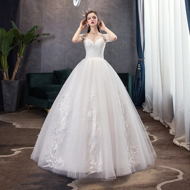 

2021 Autumn One-shoulder Wedding Dress Mesh Round Neck Mesh Wedding Dress Beaded V-neck Sexy Fashion