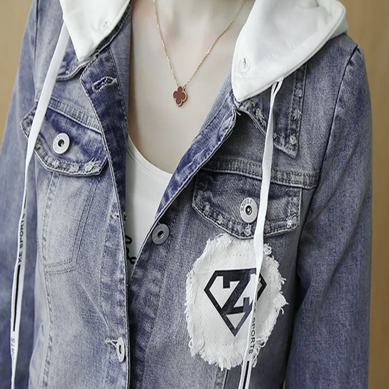 

New Spring Autumn Women Jacket Plus Size Fashion Casual Slim Patchwork Hooded Jeans Coat For Women Larger Short Jacket Outerwear