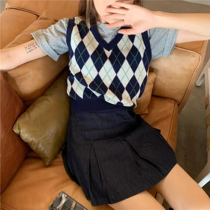 

Трикотажный жилет контрастных цветов с ромбовидным V-образным вырезом для женской осенней короткой куртки, тонкая и модная