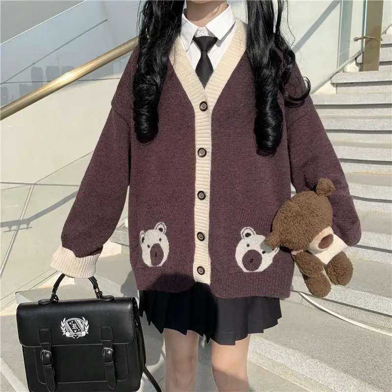 

MINGLIUSILI Bear Print Cardigan Women Autumn Fashion 2021 JK Knitted Sweater Kawaii Long Sleeve Loose Casual Sweater Coat