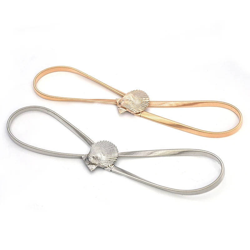 

European and American Fashion Women Elastic Waist Chain Metal shell Buckle Gold Thin Belts for Women Decoration Dress Ceinture