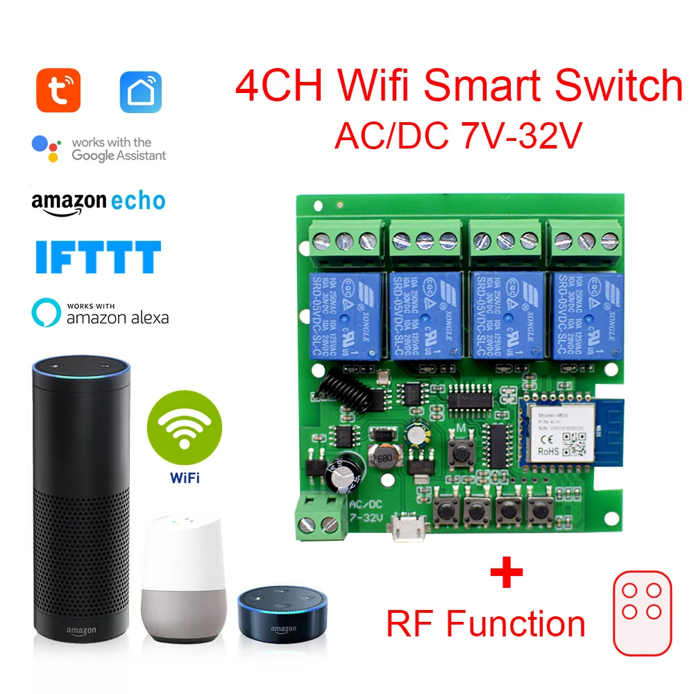 Смарт-модуль беспроводной с Wi-Fi 1/4 канала 12/32/220 в пост. Тока RF 433 NO NC COM.10A |