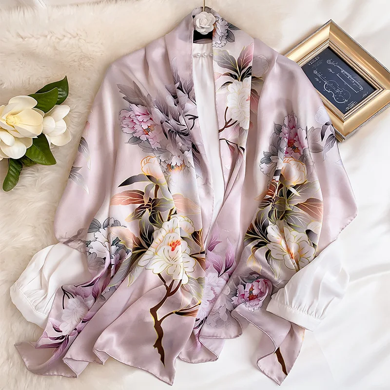 

Retro Ladies Elegant Summer Sun Protection 100% Silky Silk Scarf Female Cloak New Style Sweet Printed Shawl Long Luxury Scarves