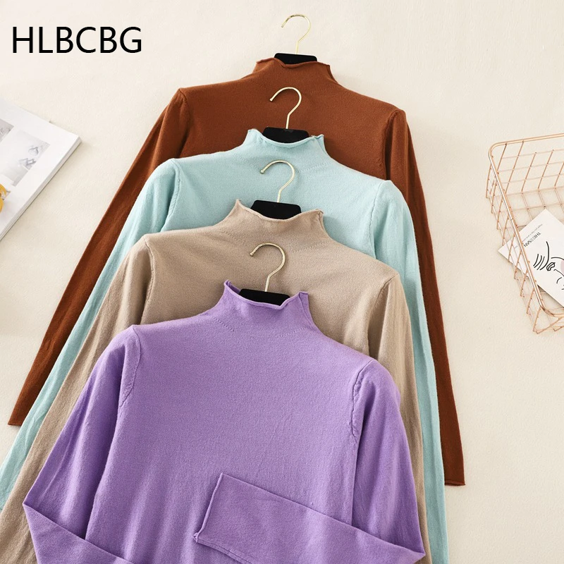 

Basic Slim Gentle Color Highneck Basic Soft Sweater Pullovers Women Winter Autumn Chic 2021 Sweater Women Long Sleeve Sweater