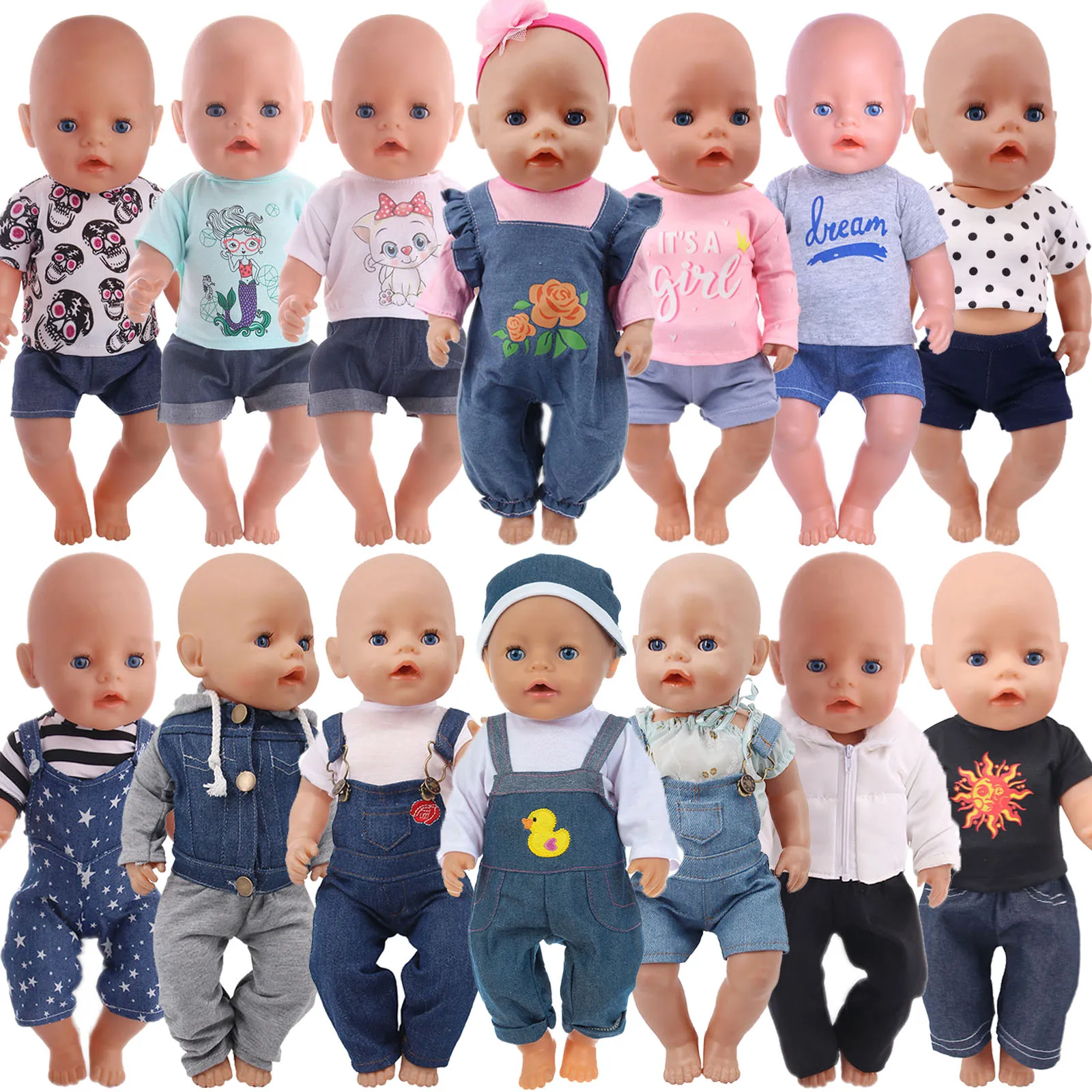 43Cm Vestiti Per Bambole Denim18 Pollici Reborn Baby Vestiti Per Bambole Appena Nate 2 Pezzi/Set Camicie + Pantaloni Unicorno Anatra Balena Cani Vesti