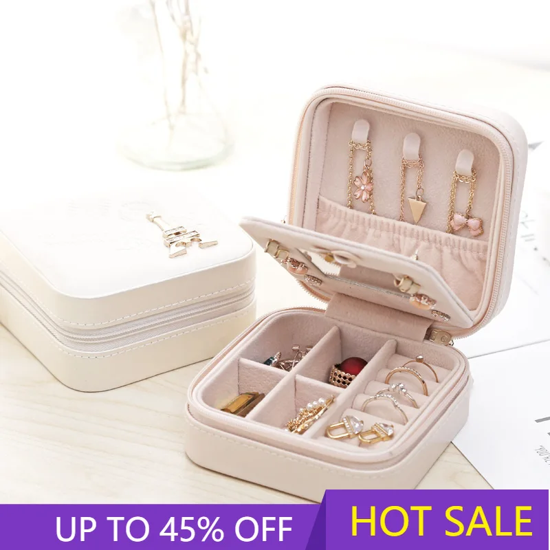 

Portable Leather Jewelry Box Travel Organizer Display Earrings Ring Necklace Girls Jewelry Storage Case