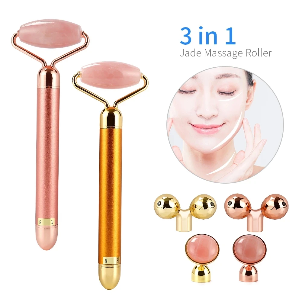 

3 In 1 Electric Jade Roller Slimming Face Massage Lifting Vibrating Natural Rose Quartz Jade Roller Stone Facial Anti Wrinkle