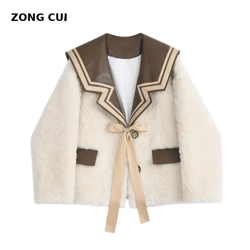

Winter Coats Jacket Women New 2021 Sailor Collar Long Sleeve Loose Lamb Fur Coat Korean Sweet Student Jacket luxury women