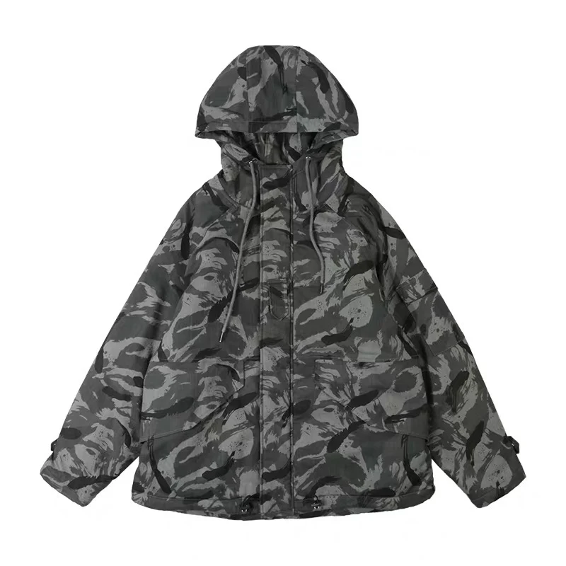 

PERHAPS U Women Gray Cold Hooded Pocket Elegant Quilted Coat Puffer Padded Flence Parka Camouflage Print Warm Winter C0504