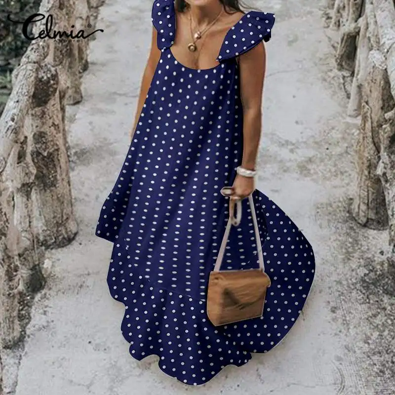 

Celmia Women Ruffled Sundress Summer Casual Stitching A-line Maxi Dress 2023 Fashion Sleeveless Polka Dot Holiday Long Vestidos