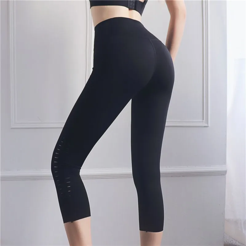 2018 черные сексуальные Фитнес Спортивный капри брюки женские с высокой талией