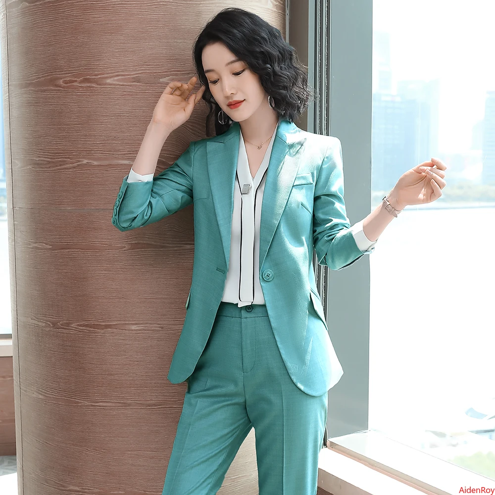 

2020 Green Women's Pant Suit Autumn and Winter Trousers Blazer 2 Pieces Office Ladies Work Wear OL Pants Suits for Women Clothes