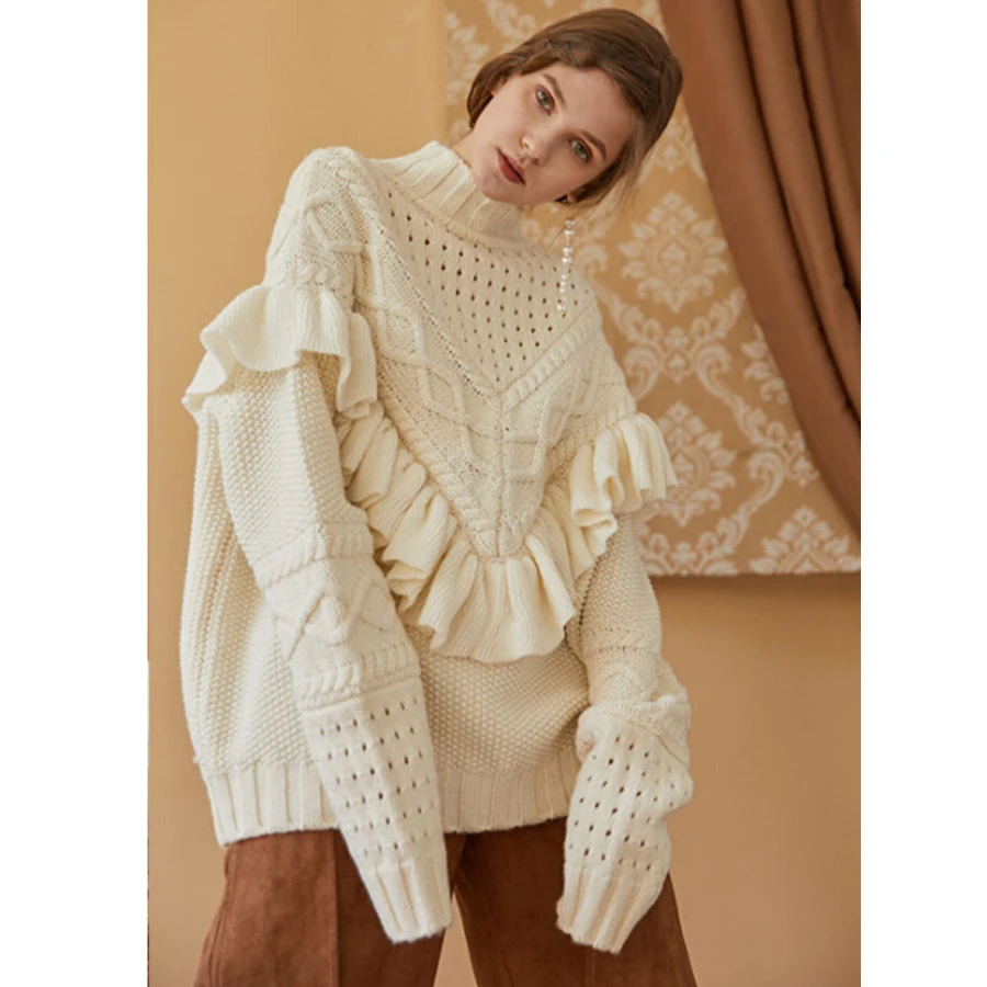 Женский пуловер оверсайз TEELYNN теплый толстый свитер с оборками свободная