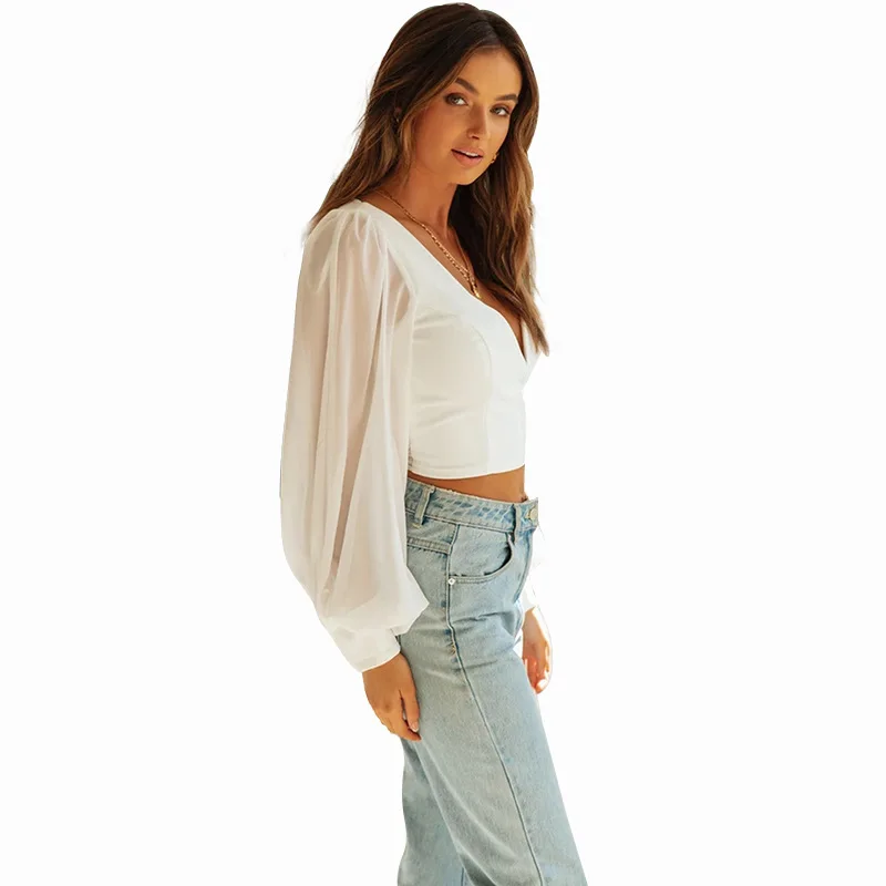 

2021 Spring/Summer Hot Sexy V-neck Lantern Sleeve Short Navel Slim Fashion All-match Top