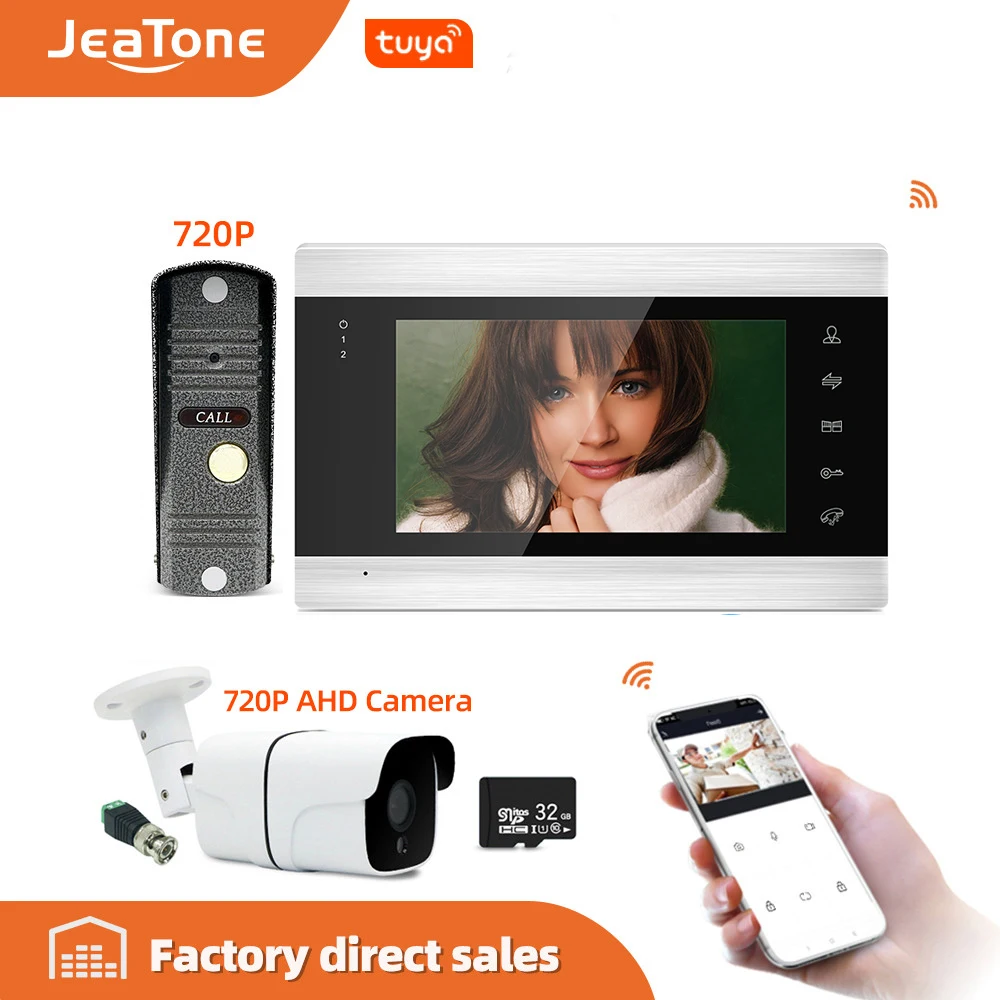 

Jeatone 7'' Tuya WiFi IP Video Door Phone Intercom System+Waterproof 720P Mini Doorbell and CCTV Camera , Support Remote unlock