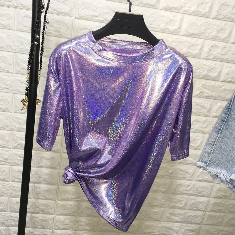 

summer stylish bright silk woman tops shiny loose short sleeve t-shirt sexy club aesthetic harajuku women tshirt