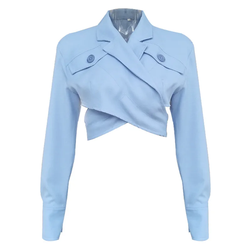 Осень 2019 Новый Однотонный женский костюм воротник длинный рукав открытая спина