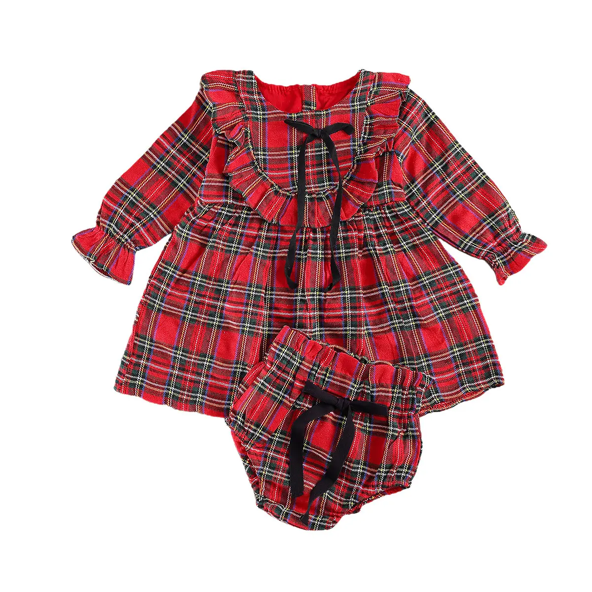 

Newborn Baby Girls Princess Christmas Clothes Plaid Print Ruffles Long Sleeve Zipper Dress Tops Shorts Xmas Party Sets 0-4Y
