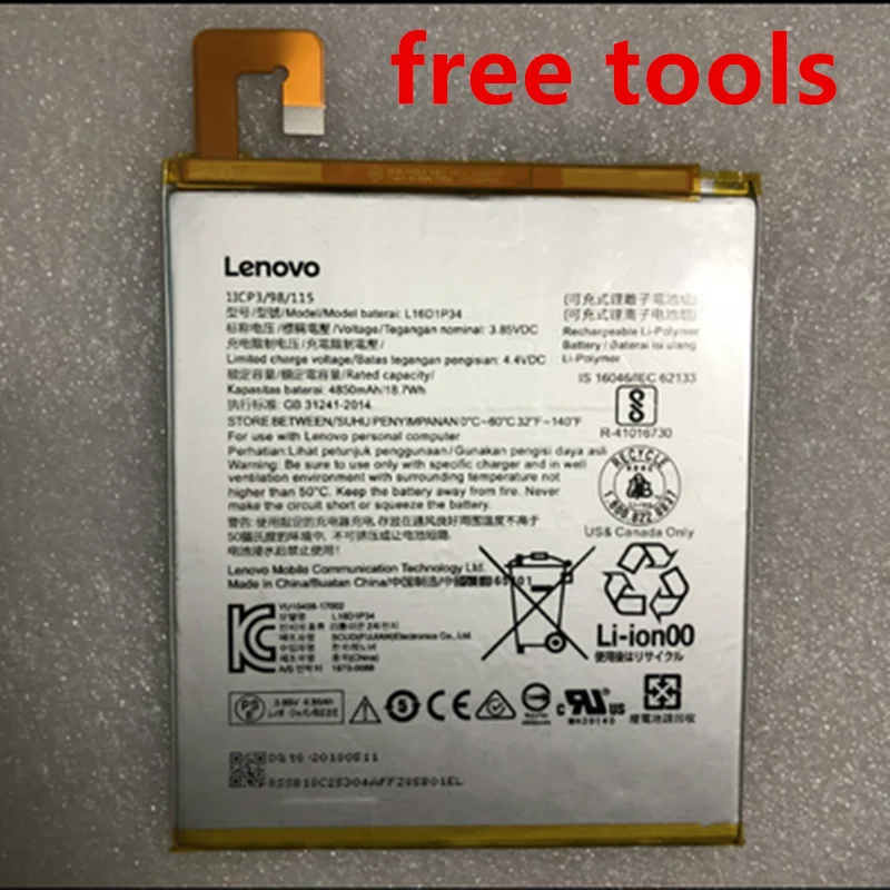 

4850mAh/18.7Wh 3.8V L16D1P34 Replacement Battery For LENOVO TAB4 8 TB-8504N TAB4 8 plus Li-ion Bateria Li-Polymer Batterie