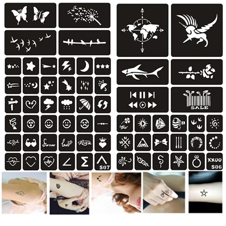

64pcs/set Glitter Tattoo Stencils for Painting Butterfly Unicorn Smiling Face Henna Stencils Kids Woman Airbrush Stencil Pochoir