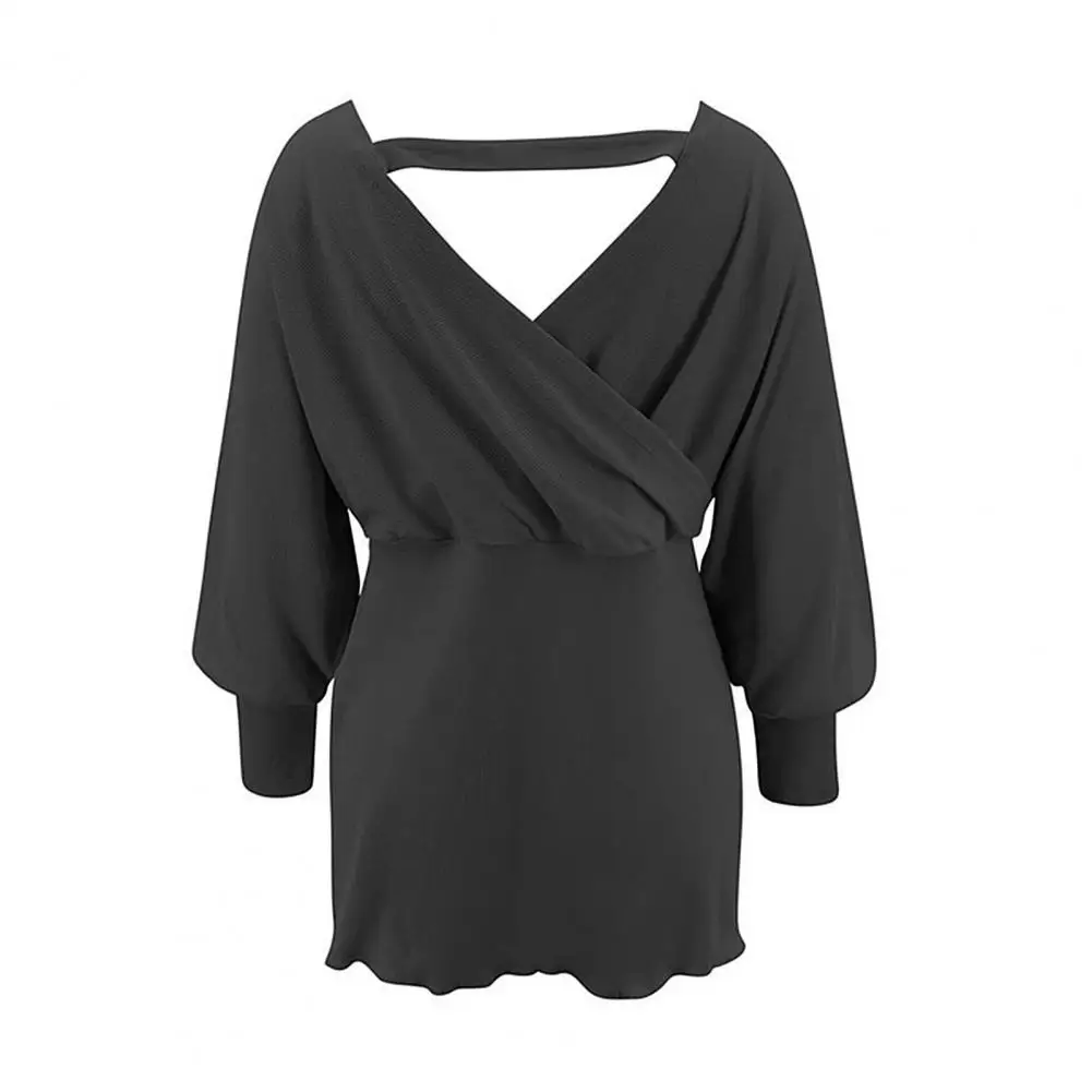 

Women Blouses Deep V Neck Polyester Long Sleeve Patchwork Irregular Blouse Backless Knit Pullover Black M Women's Tops