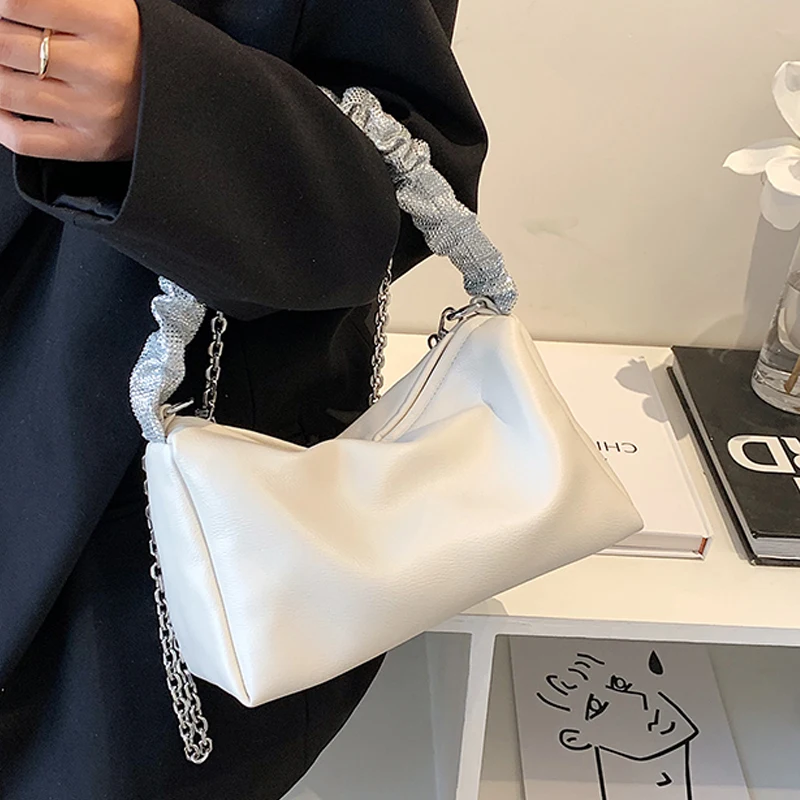 

Shining Diamond Hand Strap PU Leather Crossbody Bags for Women 2021 Summer Trend Lady Branded Luxury Chain Shoulder Handbags