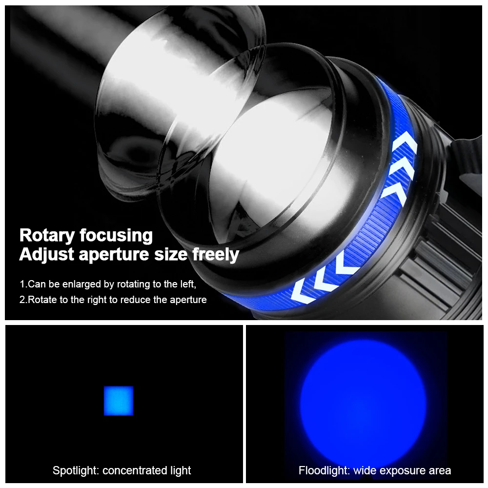 저렴한 50W 강력한 4 색 서치 Zoomable 손전등 T6 휴대용 스포트 라이트 핸드 헬드 검색 작업 빛 낚시 빛 토치