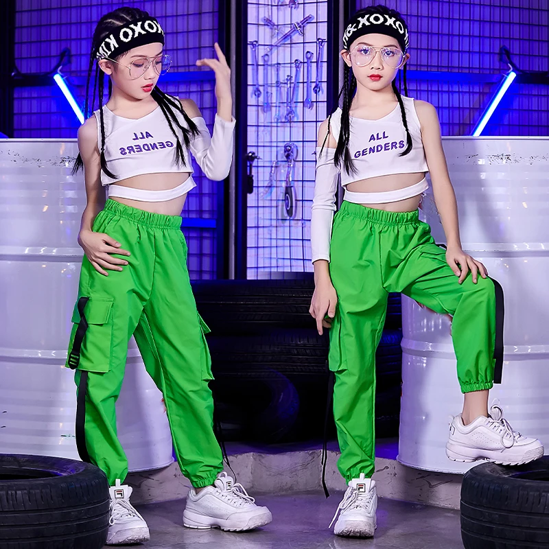 

2020 Одежда для девочек в стиле хип-хоп Уличная танцевальная одежда для джаза укороченные топы для детей, зеленые штаны в стиле хип-хоп костюм ...