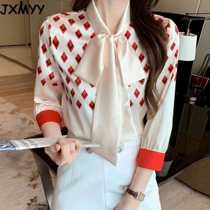 

2021 summer fashion and comfortable new temperament workplace style diamond printed chiffon three-quarter sleeve shirt women