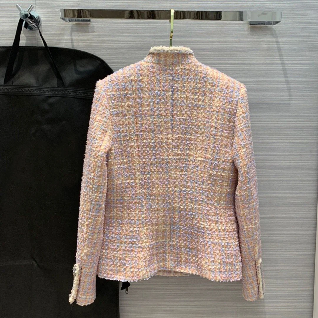 

best quality pink plaid tweed jacket women contrast color woven diamonds button chain 100% silk liner elegant sweet girl coat