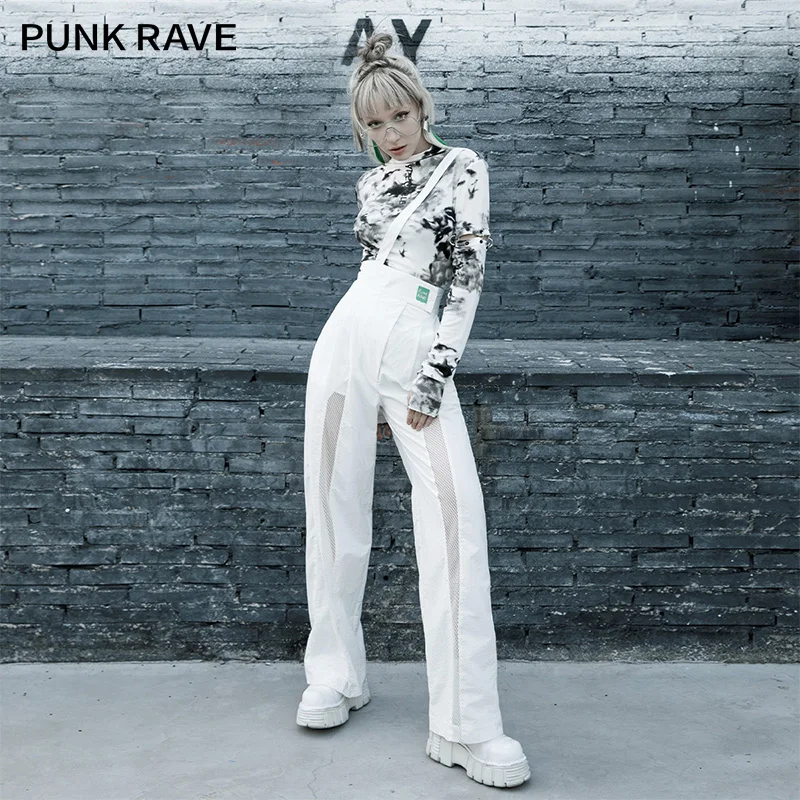 PUNK RAVE Girl's Punk Black Overalls Summer Hollowed-out Sexy Cargo Pants Women Trendiness Slacks Casual Trousers Streetwear