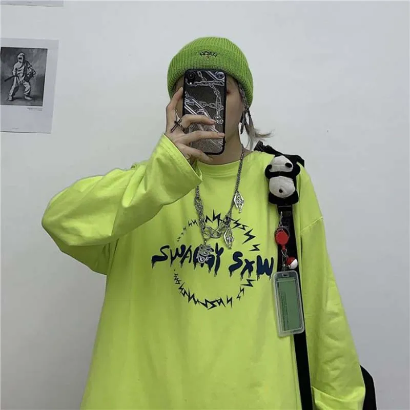 NiceMix Harajuku Однотонная одежда футболка с длинным рукавом женская пламени буквенным