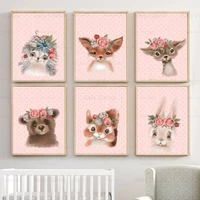 pink background wallpaper canvas painting animal wearing wreath art poster print nursery bedroom decoration craft picture