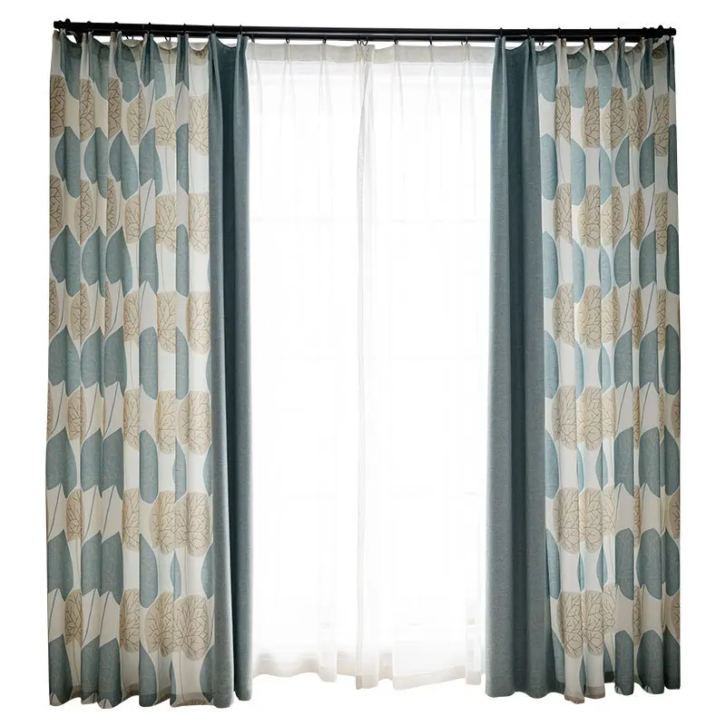 

Northern European-Style Simple Fresh Customize Splicing Green Large Leaf Printed Linen Blend Curtains for Living Room Bedroom