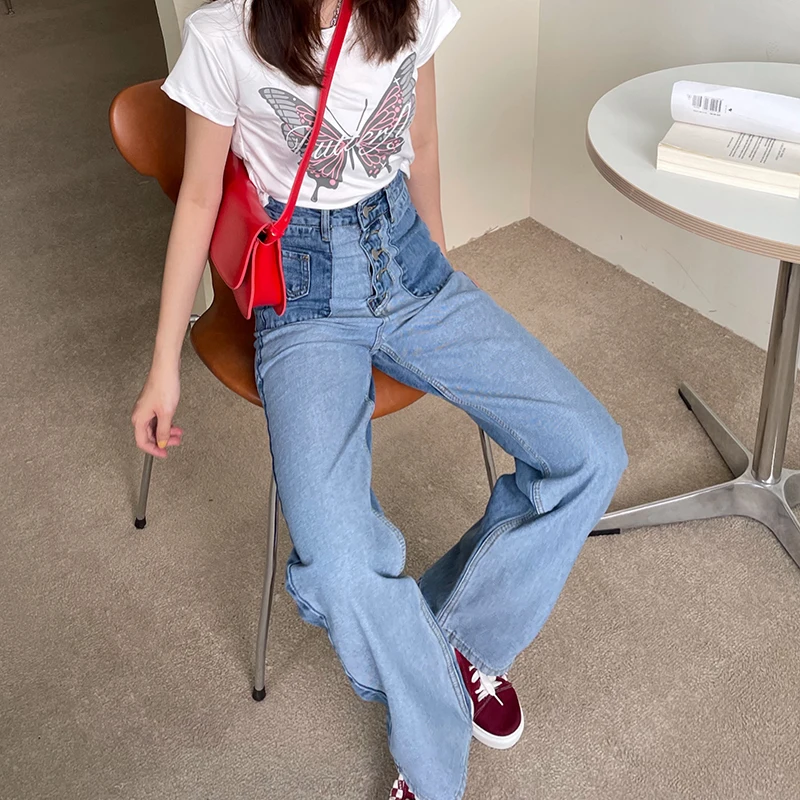 

CHICEVER Patchwork Hit Color Denim Pants For Women High Waist Straight Loose Jeans Casual Female Fashion New Spring 2021 Tide
