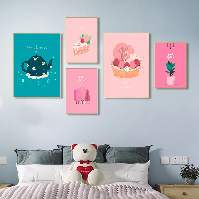 Картина на холсте для детской комнаты мультяшный синий и розовый плакат с