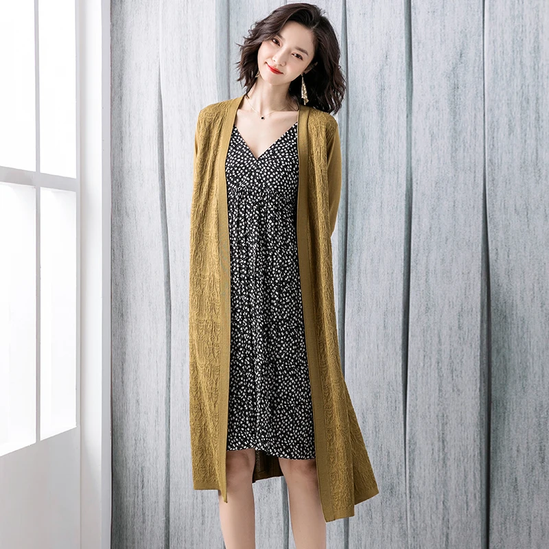 

2021 Spring and Autumn New Women's Sweater Coat Fashion Foreign Style Medium Length Shawl Double Pocket Knitted Cardigan