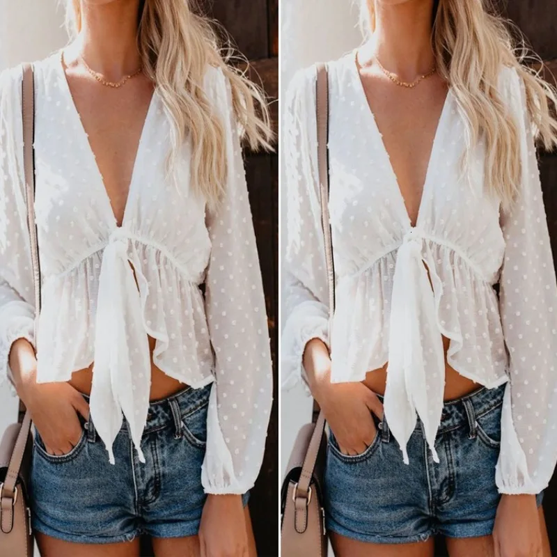 Новая блузка женская сексуальная прозрачная белая рубашка короткий топ с